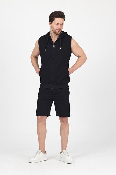 DAMGA JEANS Men's Hooded Sleeveless Zippered Summer Vest Loose Leg Sports Shorts Suit Black