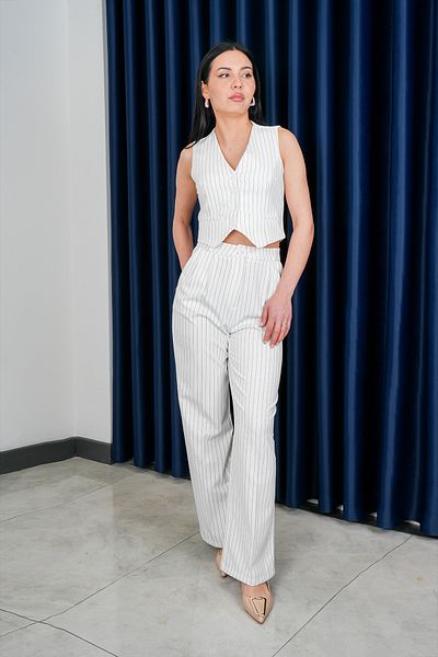 Stil Sepeti Women's White Striped V-Neck Vest Palazzo Pants Suit Drl- 100074256