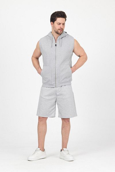 DAMGA JEANS Men's Hooded Sleeveless Zippered Summer Vest Loose Leg Sports Shorts Suit Gray