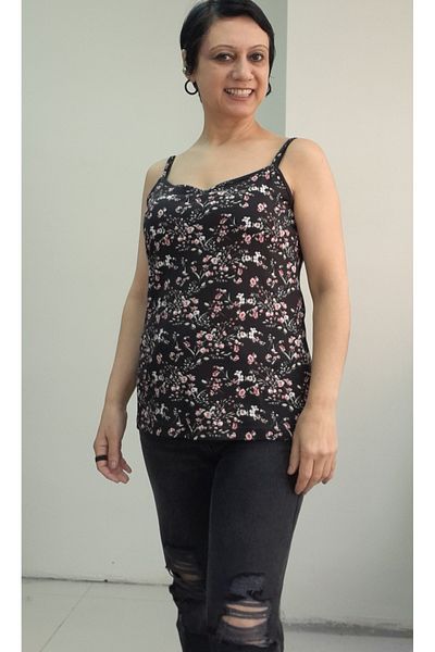 Mertcan Butik Black Floral Patterned Rope Strap Combed Viscose T-Shirt
