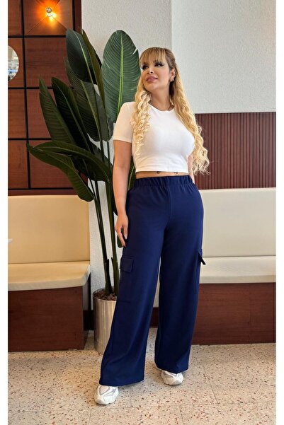 Butik Nilyam Women's Large Size Lycra High Waist Cargo Pocket Crepe Pants 21059