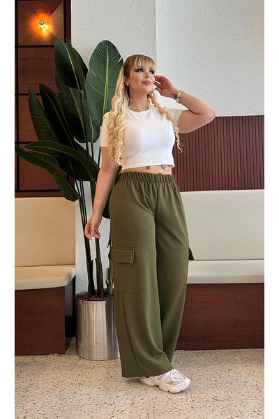 Butik Nilyam Pantaloni din crepon cu buzunar cargo cu talie înaltă din Lycra pentru femei 21059