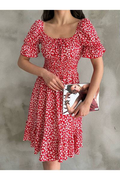 REELMODA Women's Red Madonna Collar Skirt Gathered Gimped Patterned Summer Stretch Dress
