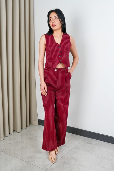 Stil Sepeti Women's Burgundy Striped V-Neck Vest Palazzo Pants Suit Drl- 100074256