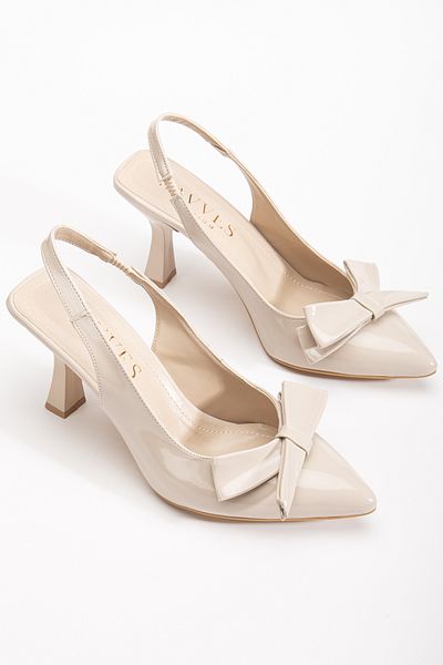 Savves Beige Patent Leather Bow Detailed Open Back Thin Heeled Shoes