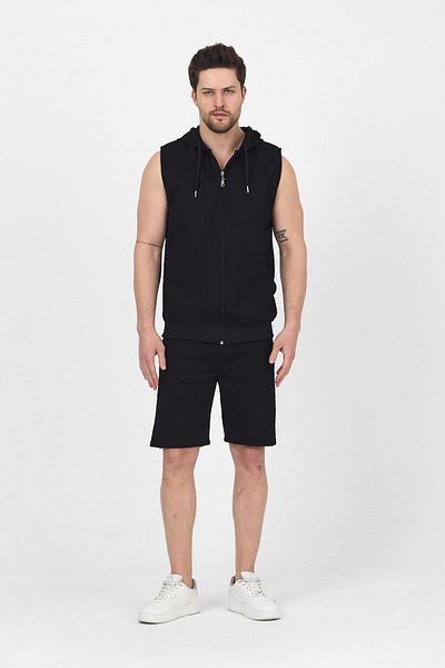 DAMGA JEANS Men's Hooded Sleeveless Zippered Summer Vest Loose Leg Sports Shorts Suit Black
