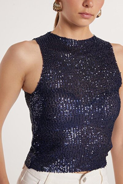 Tudors Kadın Slim Fit Dar Kesim Sıfır Kol Payetli Halter Yaka Lacivert Bluz