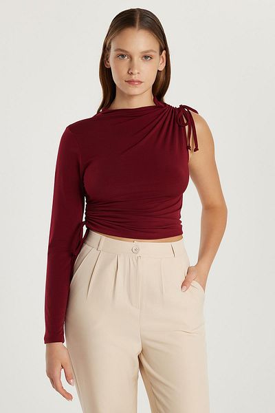 Tudors Women's Slim Fit Slim Fit Single Sleeve Side Lace Detailed Burgundy Blouse