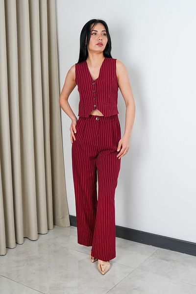 Stil Sepeti Women's Burgundy Striped V-Neck Vest Palazzo Pants Suit Drl- 100074256