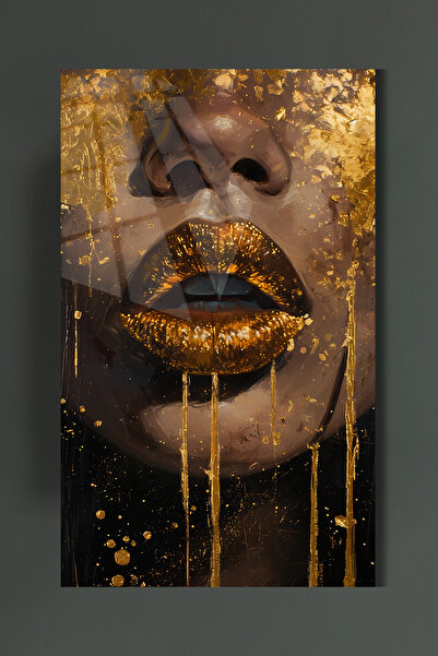 glassartdesign Tablou din sticlă cu buze aurii pentru femei - Decor pentru ca...