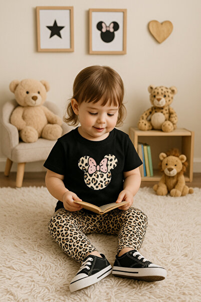 enes baby طقم مكون من قطعتين تي شيرت ميكيل بنقشة الفهد وقميص قصير مرن للكاحل ...