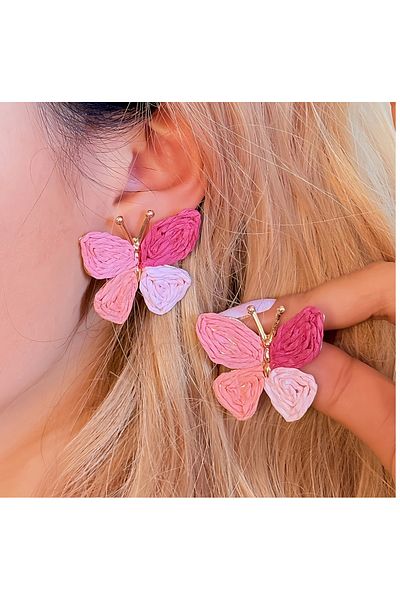 mos&more Pink Raffia Butterfly Summer Fashion Lightweight Women's Earrings