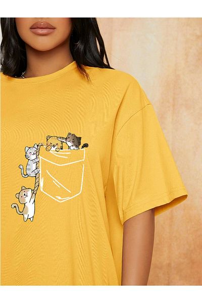 VBSVİBES Unisex Women/Men Cat Colorful Custom Printed Oversize Crew Neck Single Jersey T-Shirt