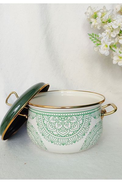 EBRULİEMAYE Green Mandala Enamel Pot 3.75 Liters 22 cm Diameter Milk Yogurt Stew Pot