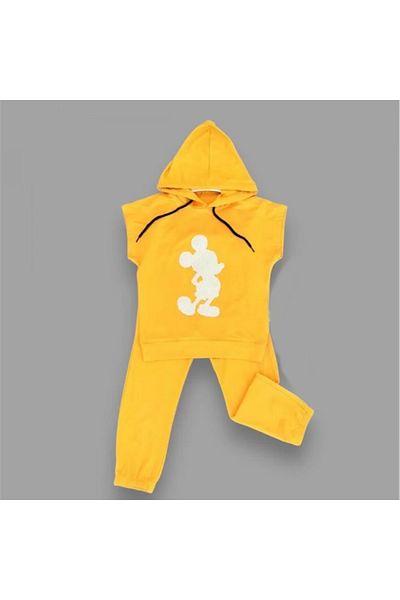 Kef 3-4-5 Years Old Hooded Sequined Mickey Pattern Short Sleeve 2-Piece Girl Boy Child Set Yellow