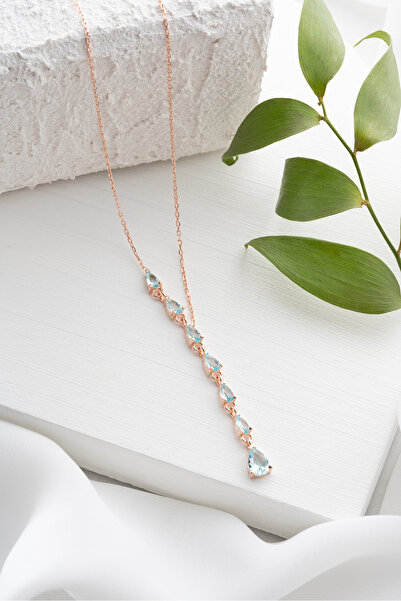 ESSARE 925 Ayar Gümüş Rose Kaplama Aquamarine Sıralı Damla Taşlı Kolye