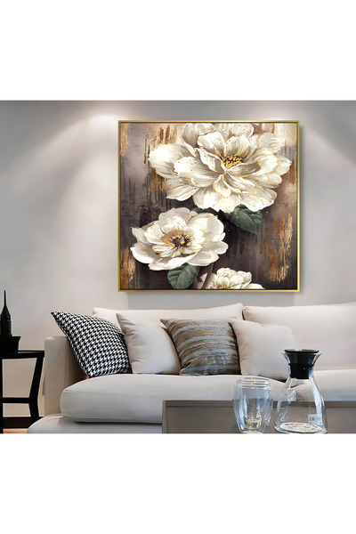 Harikabirev HARİKABİREV|METAL ÇERÇEVELİ KANVAS TABLO KAHVERENK BEYAZ ÇİÇEK DESEN |CKKARE