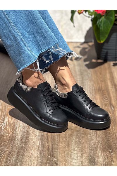 SİBA SHOES Ease Genuine Leather High-Sole Snakeskin Detailed Black Women's Sports Shoes