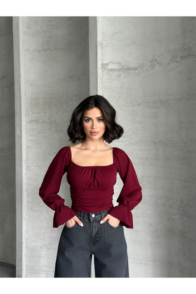 REELMODA ŽENY Vínová MADONNNA LÍMEC BALONOVÝ RUKÁV ELASTICKÝ V PASE PRUŽNÝ STYLOVÝ KREPOVÝ HALENKA