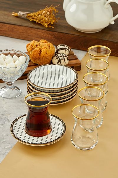 Babion 12-Piece 6-Person Tea Cups and Saucers with Gold Decor, Teaware, Tea Set