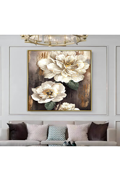 Harikabirev HARİKABİREV|METAL ÇERÇEVELİ KANVAS TABLO KAHVERENK BEYAZ ÇİÇEK DESEN |CKKARE