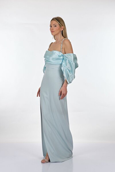 ALFABETA Alfa Beta Askılı Düşük Balon Kol Yırtmaçlı Uzun Abiye Elbise