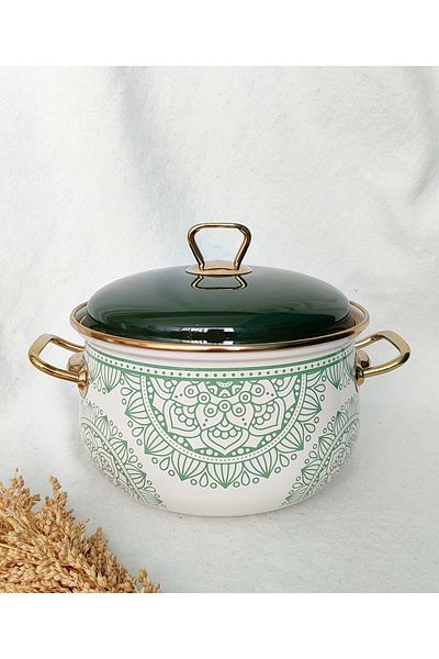 EBRULİEMAYE Green Mandala Enamel Pot 3.75 Liters 22 cm Diameter Milk Yogurt Stew Pot