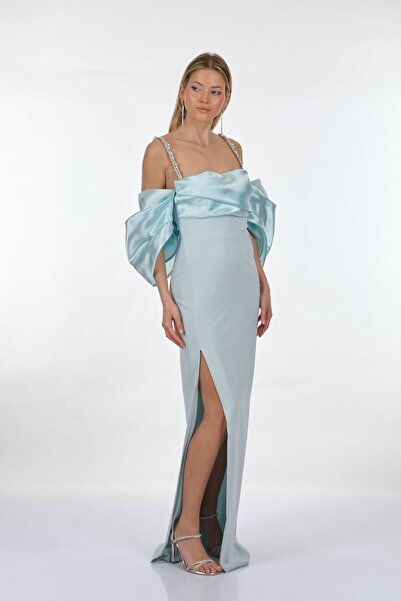 ALFABETA Alfa Beta Askılı Düşük Balon Kol Yırtmaçlı Uzun Abiye Elbise