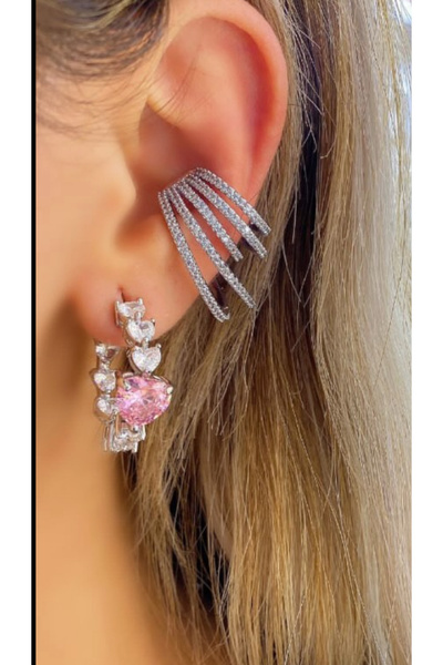 AychaAksesuar Çelik vip seri çoklu görünüm sizkon taşlı gümüş renk kukırdak geçirmeli küpe