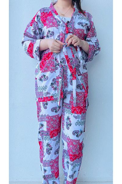 LAVİN GİYİM Women's Half Sleeve Red-Black-White Color Patterned Kimono Suit