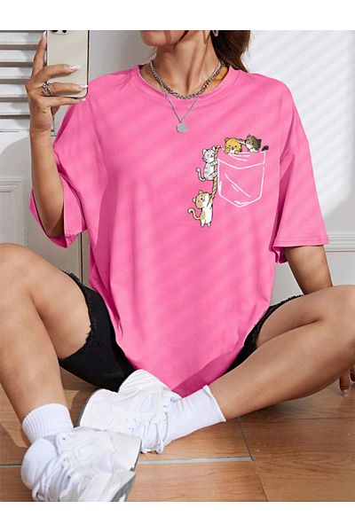 VBSVİBES Unisex Women/Men Cat Colorful Custom Printed Oversize Crew Neck Single Jersey T-Shirt