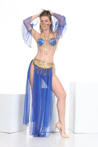 Nana & Mayka Moda Ținută de dans oriental pentru femei, cu voal, ciucuri, cu detalii aurii, 2604 S M L Xl Saks