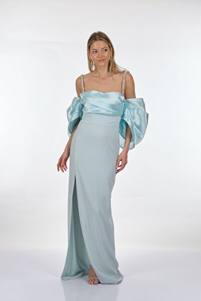 ALFABETA Alfa Beta Askılı Düşük Balon Kol Yırtmaçlı Uzun Abiye Elbise