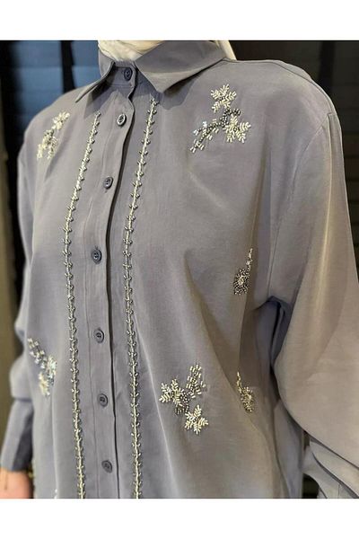 nizzell Women's New Season Embroidered Hijab Tunic Pants Suit Comfortable Stylish Suit Gray