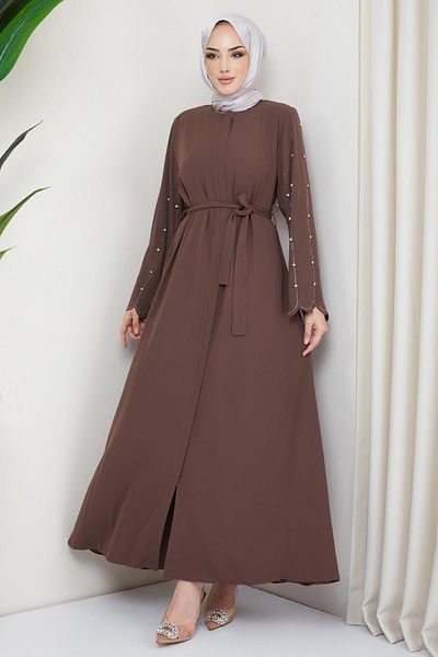 hafsamina Stoned Sleeve Hidden Plaid Abaya Brown