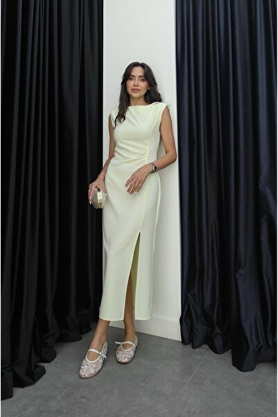 Havoş Light Yellow Nick Slit Padded Dress