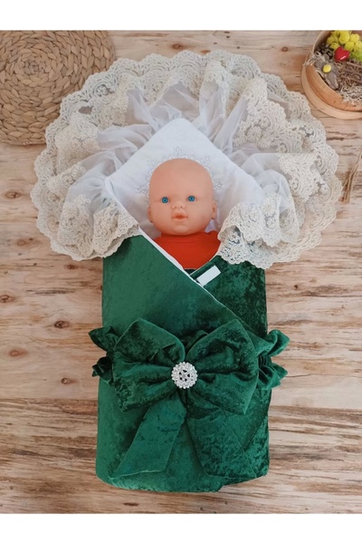 Biçomi Newborn Palace Velvet Crown Embroidered Pearl Bow Double Lace Veil Trilux Swaddle Baby Blanket