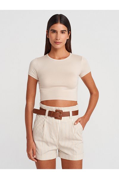 Dilvin 31104 Modal Crop Top-Beige