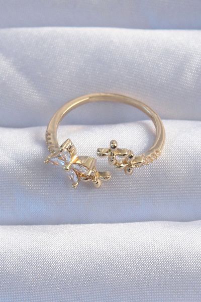 SeyCey.co Brass Gold Color Zircon Stone Flower Model Adjustable Ring