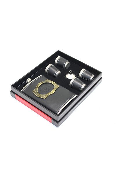 Acousticworld Stainless Steel 4 Shot Glass Flask Set with Leather Model 3