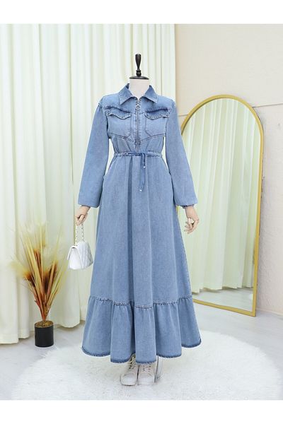 Modamorfo Half Zip Tunnel Lace up Elastic Sleeve Denim Dress - Ice Blue