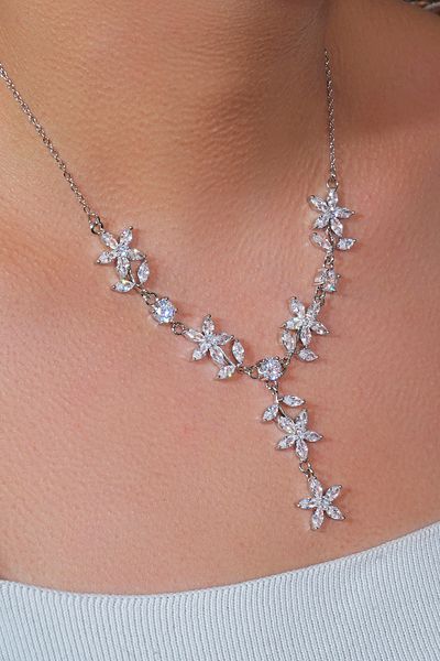 ÖZÜM TAKI Women's Zircon Stone Double Set Necklace Earrings Silver Flower Model