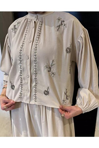 nizzell Women's New Season Beaded Embroidered Hijab Skirt Suit Summer Stylish Combination Cream