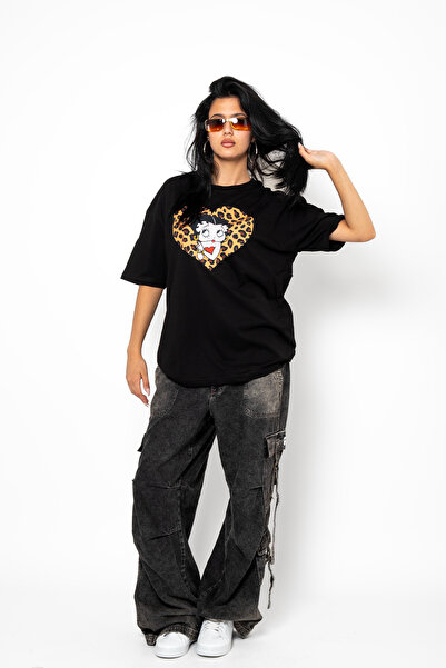 Sekizbiraltı Betty Boop Leopard Pattern - Unisex Oversize Black T-Shirt