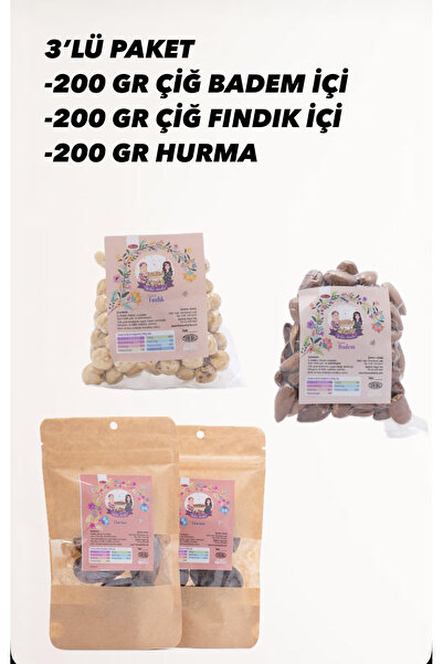 ÜRETEN ANNELER 3’LÜ PAKET 200’ER GRAM(ÇİĞ FINDIK-ÇİĞ BADEM-HURMA ) (AFLATOKSİ...