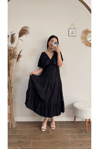 DUSOHOME Black V-Neck Back Detailed Flounce Dress
