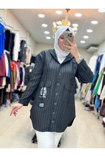 Puane Жіночий оверсайз-піджак з капюшоном і смужками – антрацит