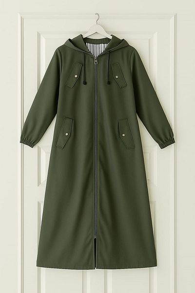 ALNİSS COLLECTİON Women's Large Size Waterproof Hooded Pocket Detailed Full Length Top Coat Trench Coat