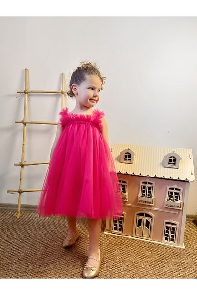 penu baby kids Fuchsia Strap Plain Tulle Girl's Dress-Tulle