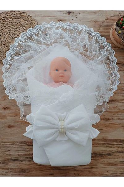BabyBird Ecru Colored Newborn Baby Blanket with Lace and Stoned Bow - Swaddle Model